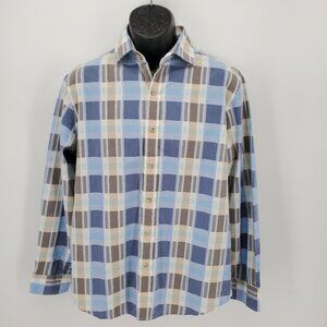 Tasso Elba LS Button Down Dress Shirt Light Blue Plaid Neck Size 15.5